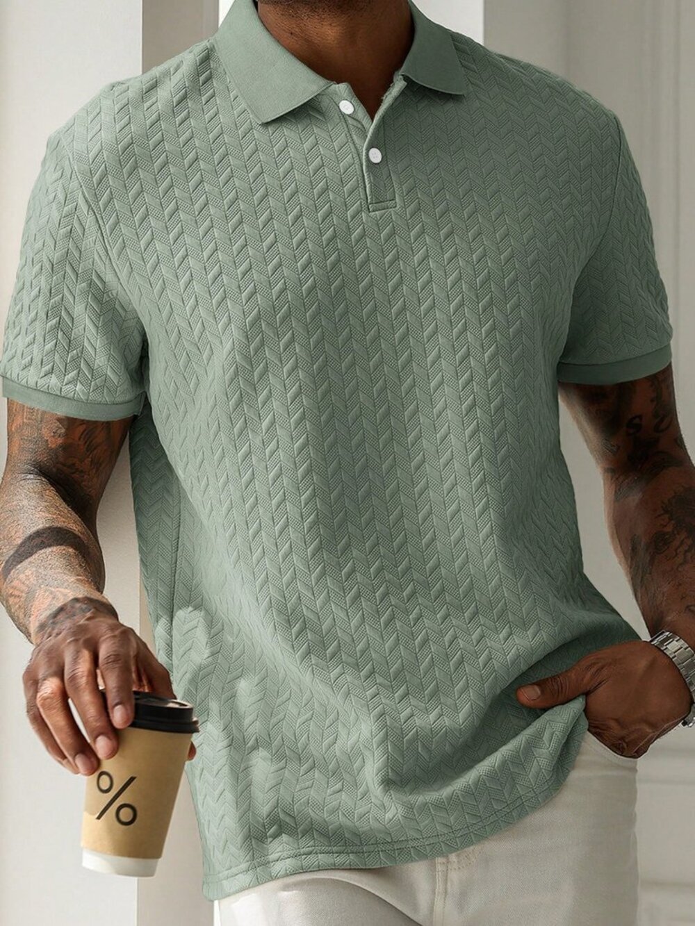 Green Casual Men's Geometric Modern Short Sleeve Jacquard Knit Shirt